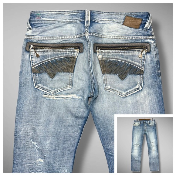 Diesel Jeans Mens 32x32 Blue Light Wash Slammer Embroidered Zip Pockets Thrashed - Picture 1 of 15